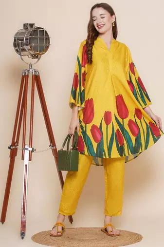 Mustard Print Cotton Blend Flared Kurta Set