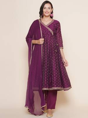 Purple Print Chanderi Silk Flared Kurta Set 1
