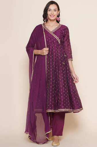 Purple Print Chanderi Silk Flared Kurta Set