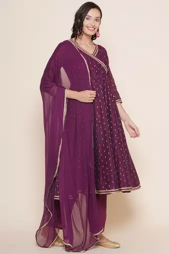 Purple Print Chanderi Silk Flared Kurta Set