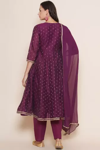 Purple Print Chanderi Silk Flared Kurta Set
