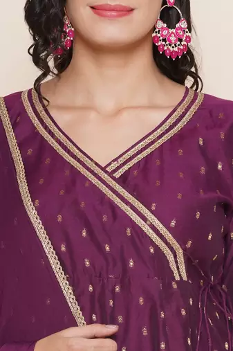 Purple Print Chanderi Silk Flared Kurta Set