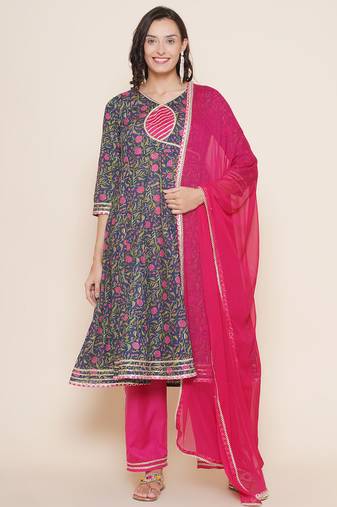 Blue Print Cotton Blend Anarkali Kurta Set