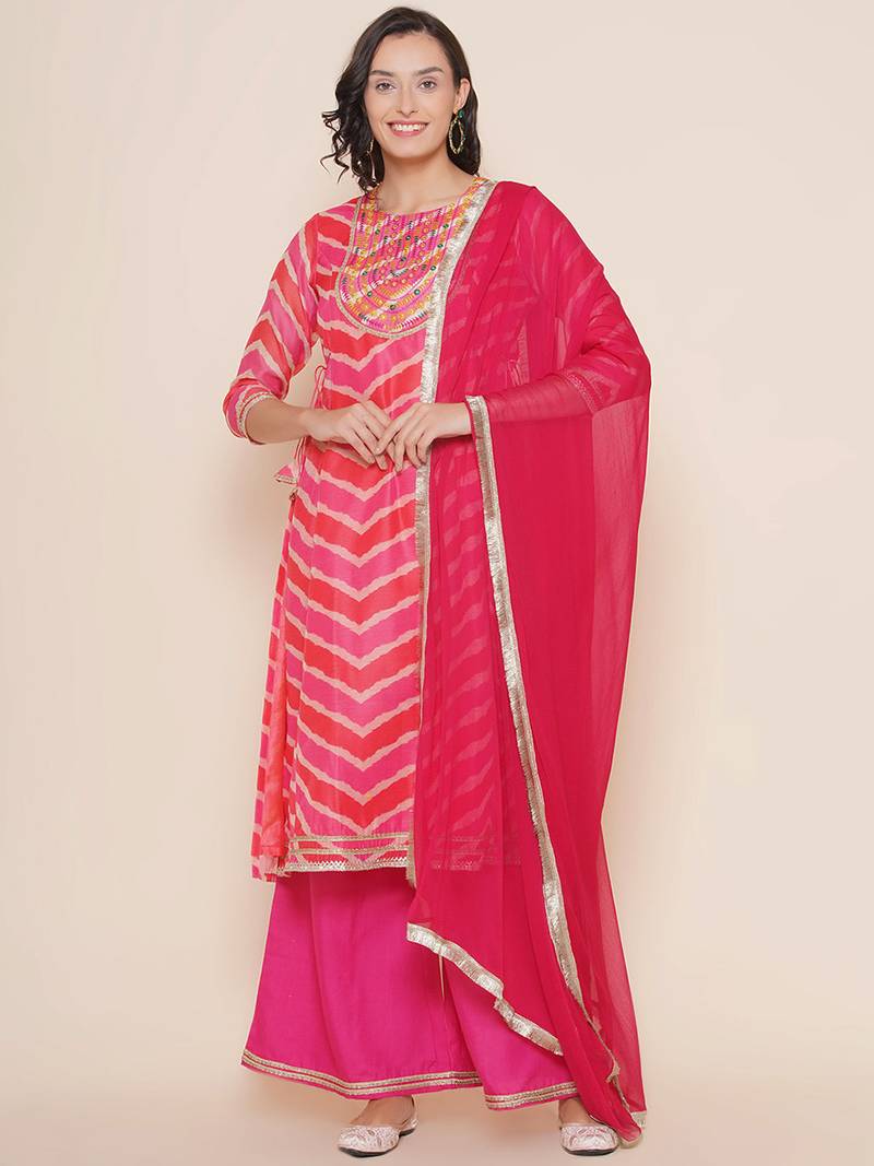 Pink Print Cotton Blend A-Line Kurta Set