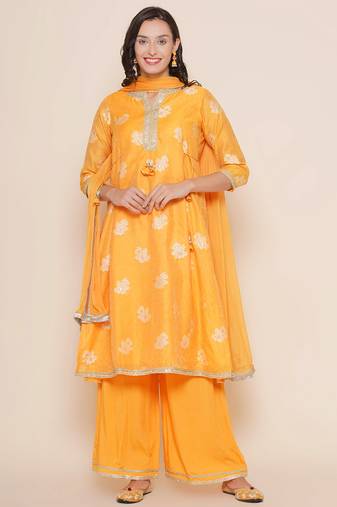 Mustard Print Cotton Blend A-Line Kurta Set