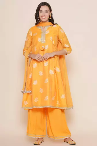 Mustard Print Cotton Blend A-Line Kurta Set