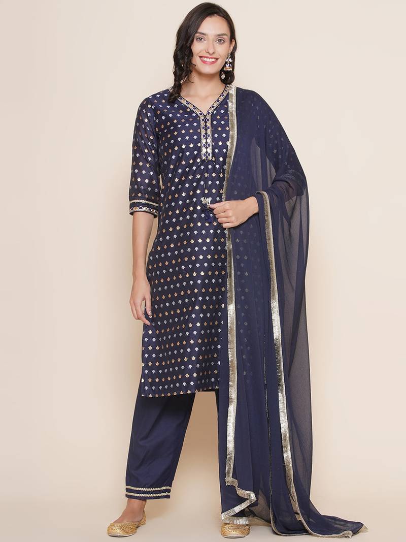 Navy Blue Print Cotton Blend Straight Kurta Set