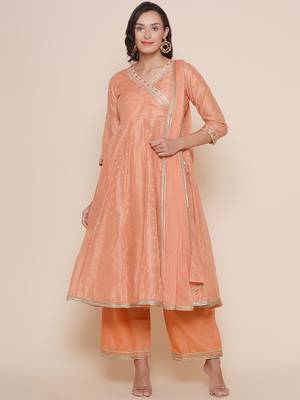 Peach Self Design Cotton Blend Flared Kurta Set 1