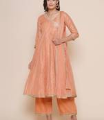 Peach Self Design Cotton Blend Flared Kurta Set