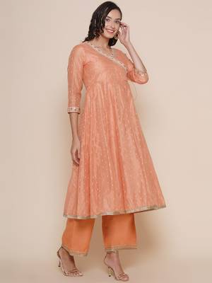 Peach Self Design Cotton Blend Flared Kurta Set 2