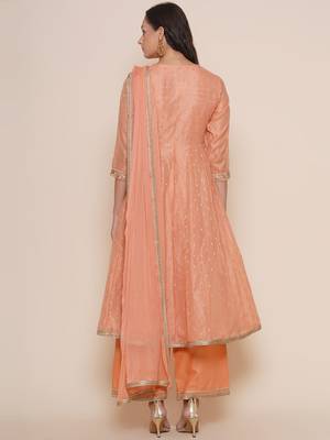 Peach Self Design Cotton Blend Flared Kurta Set 3