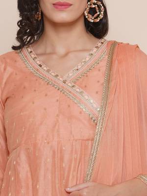 Peach Self Design Cotton Blend Flared Kurta Set 4