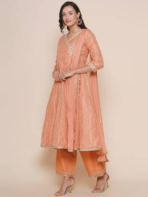Peach Self Design Cotton Blend Flared Kurta Set 5