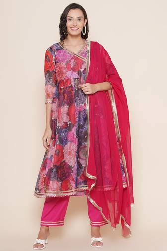 Purple Print Cotton Blend Flared Kurta Set