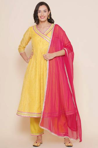 Yellow Self Design Cotton Blend Flared Kurta Set