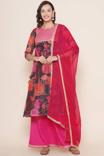 Black Print Cotton Blend A-Line Kurta Set