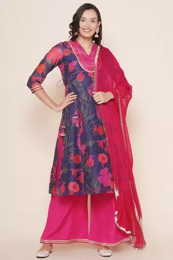 Blue Print Cotton Blend A-Line Kurta Set