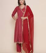 Maroon Print Cotton Blend Flared Kurta Set