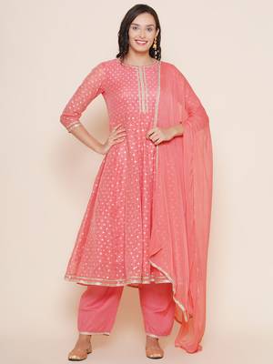 Peach Solid Cotton Blend Anarkali Kurta Set 1