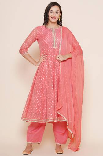 Peach Solid Cotton Blend Anarkali Kurta Set