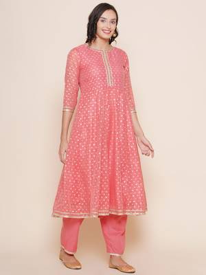 Peach Solid Cotton Blend Anarkali Kurta Set 2