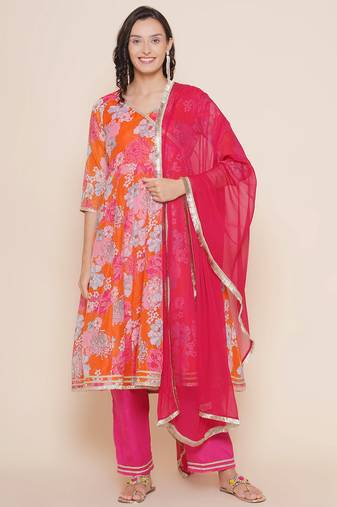 Orange Solid Cotton Blend Flared Kurta Set