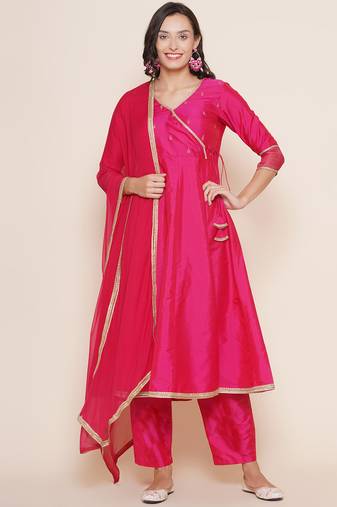 Pink Embroidered Cotton Blend Flared Kurta Set