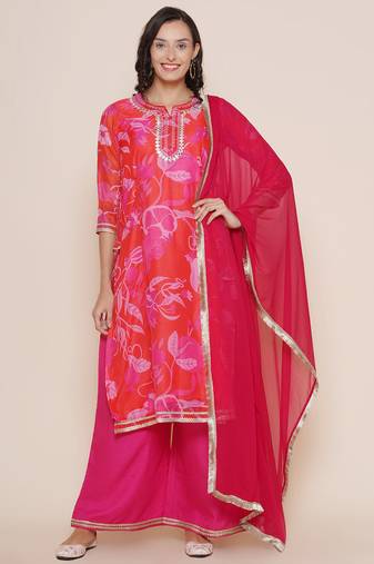 Red Print Cotton Blend Flared Kurta Set