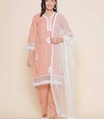 Peach Embroidered Cotton Blend Straight Kurta Set