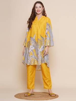 Yellow Print Cotton Blend A-Line Kurta Set 1