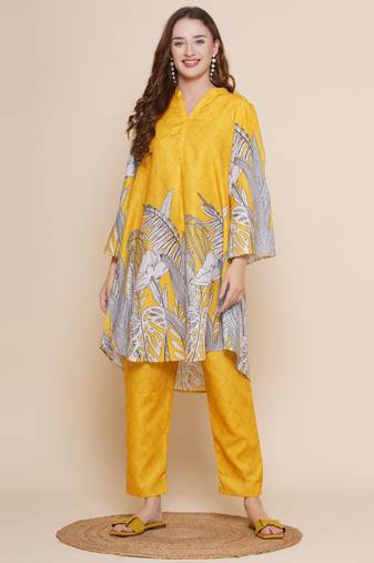 Yellow Print Cotton Blend A-Line Kurta Set