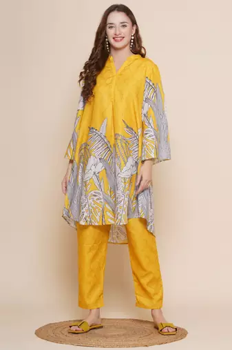 Yellow Print Cotton Blend A-Line Kurta Set