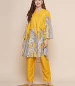 Yellow Print Cotton Blend A-Line Kurta Set