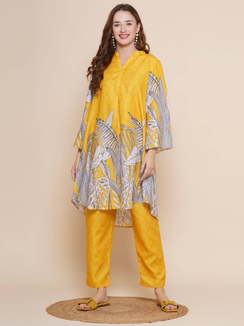 Yellow Print Cotton Blend A-Line Kurta Set