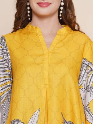 Yellow Print Cotton Blend A-Line Kurta Set 2