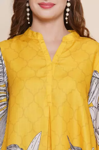 Yellow Print Cotton Blend A-Line Kurta Set