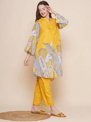 Yellow Print Cotton Blend A-Line Kurta Set 3
