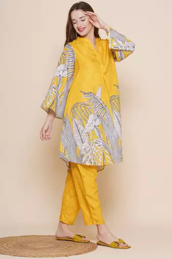 Yellow Print Cotton Blend A-Line Kurta Set