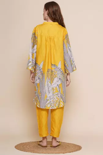 Yellow Print Cotton Blend A-Line Kurta Set
