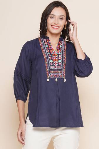 Navy Blue Embroidered Cotton Tunic
