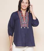 Navy Blue Embroidered Cotton Tunic