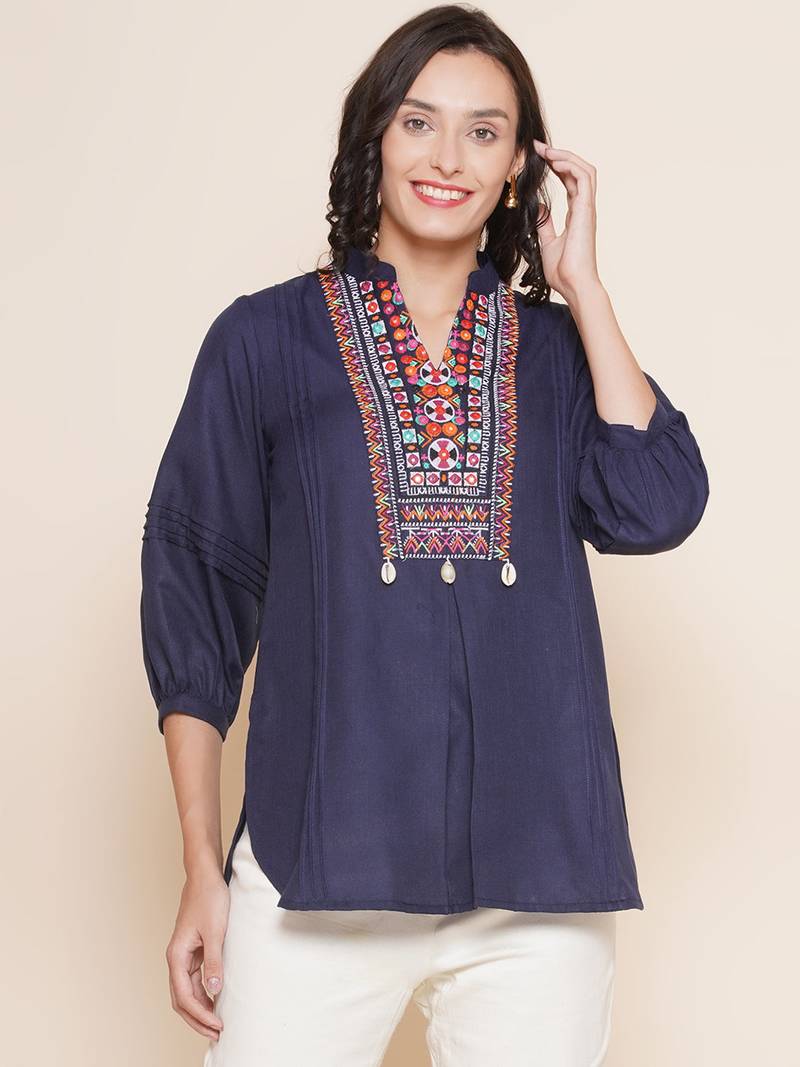 Navy Blue Embroidered Cotton Tunic