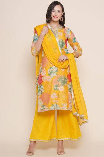 Yellow Print Chanderi Silk Straight Kurta Set
