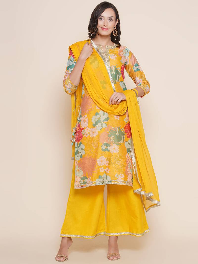 Yellow Print Chanderi Silk Straight Kurta Set