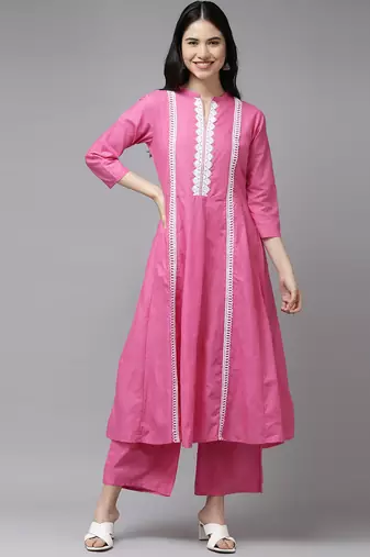 Pink Solid Cotton Blend Flared Kurta Set