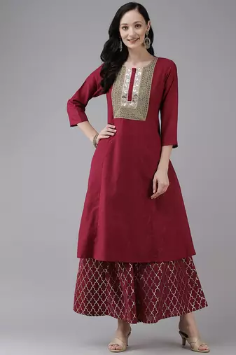 Maroon Lace Detail Cotton Blend Flared Kurta Set