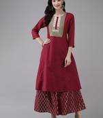 Maroon Lace Detail Cotton Blend Flared Kurta Set