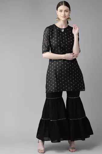 Black Woven Design Silk Blend Straight Kurta Set