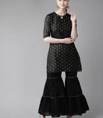 Black Woven Design Silk Blend Straight Kurta Set
