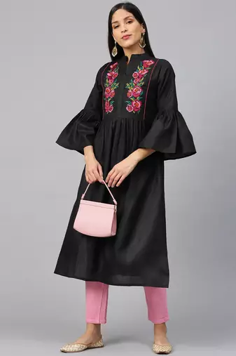 Black Embroidered Cotton Blend Straight Kurta